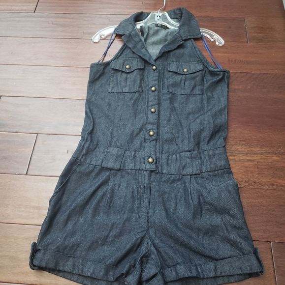 Chelsey Pants - Dark Denim Collared Cuffed Shorts Romper